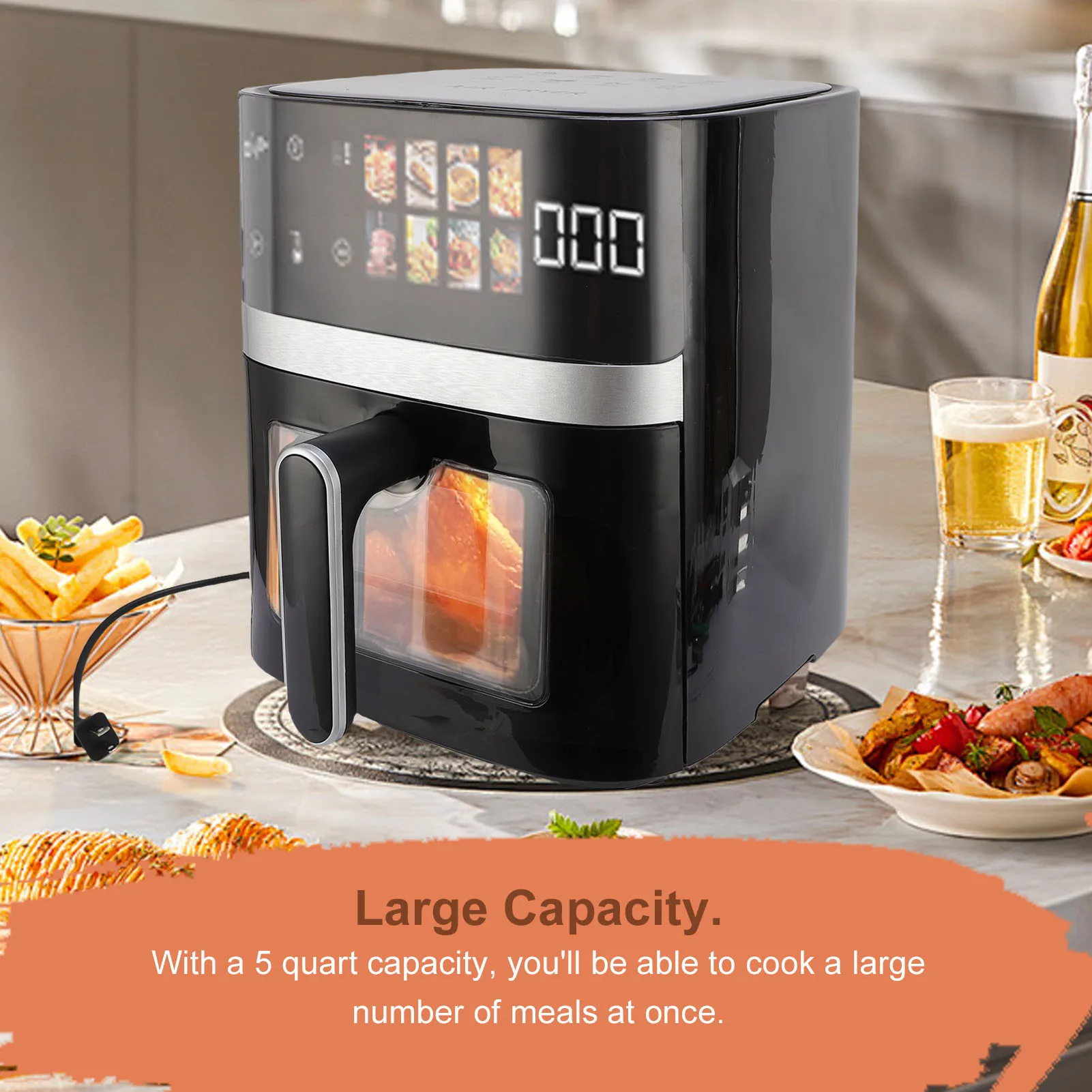 5QT Oilless Fryer Black Large Capacity Visual Window Color Display Fully Automatic Electric Fryer Cooker Chicken French Fries