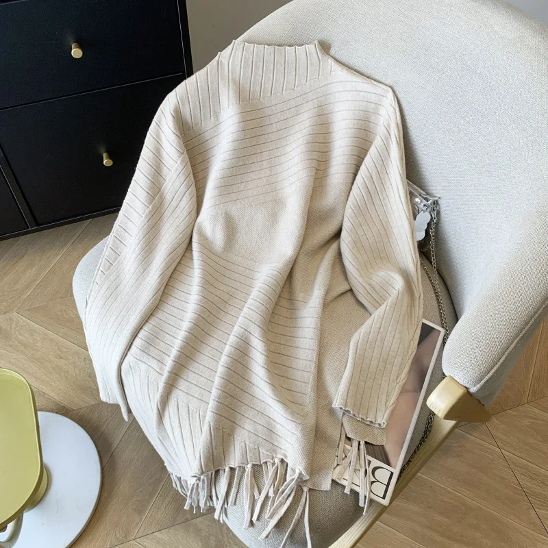 

Fashion Tassel Hem Women's Long Pullovers Half High Collar Loose Leisure Knitted Sweater Female Daily Commute Versatile Knitwear