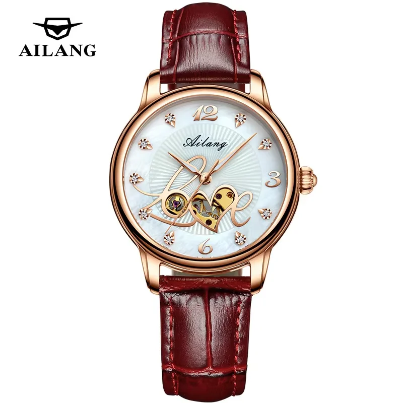 

Женские механические автоматические наручные часы Love Luxury Skeleton Ailang с люминесцентным металлическим корпусом из розового золота, модель 8806A