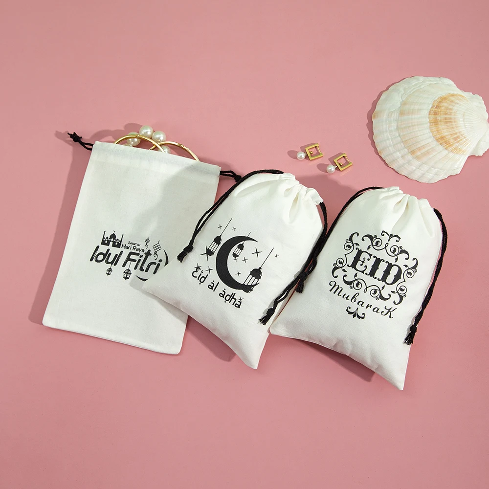 

5/10/20Pcs Eid Mubarak White Cotton Jewelry Drawstring Bag Muslim Islamic Ramadan Kareem Decoration Present Party Gift Pouches