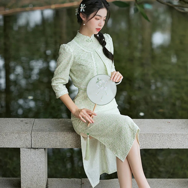 Green Lace Patchwork Cheongsam Vintage Half Sleeve Chinese Traditional Dress Slim Female Women Long Qipao S To 3XL