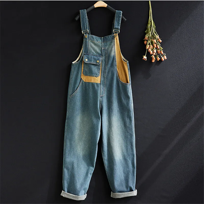 

Denim Jumpsuits Women Patchwork Design Korean Style Overalls One Piece Outfit Women Rompers Casual Vintage Playsuits Harem Pants