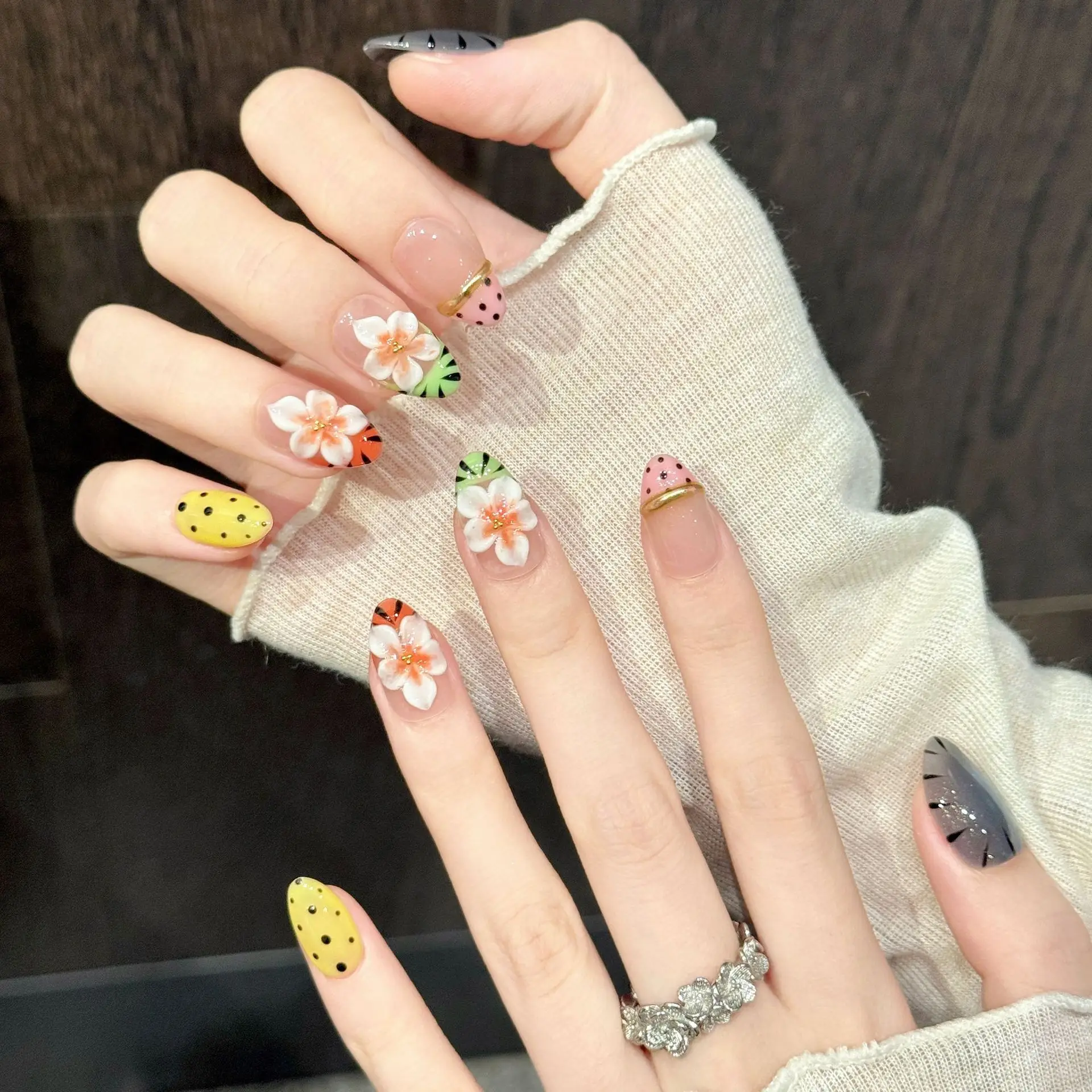 10Pcs Pure Hand-Pressed Almond Nail Art, Pretty Fresh Blue, Pink And Green With Florals And Billiard Elements, Perfect For Women