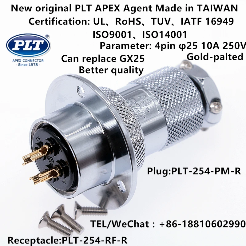 PLT-254-RF-R PLT-254-PM-R APEX 4pin Male Plug Female Socket φ25 Circular Aviation Wire Pane Connector Made in TAIWAN RoHS UL TUV