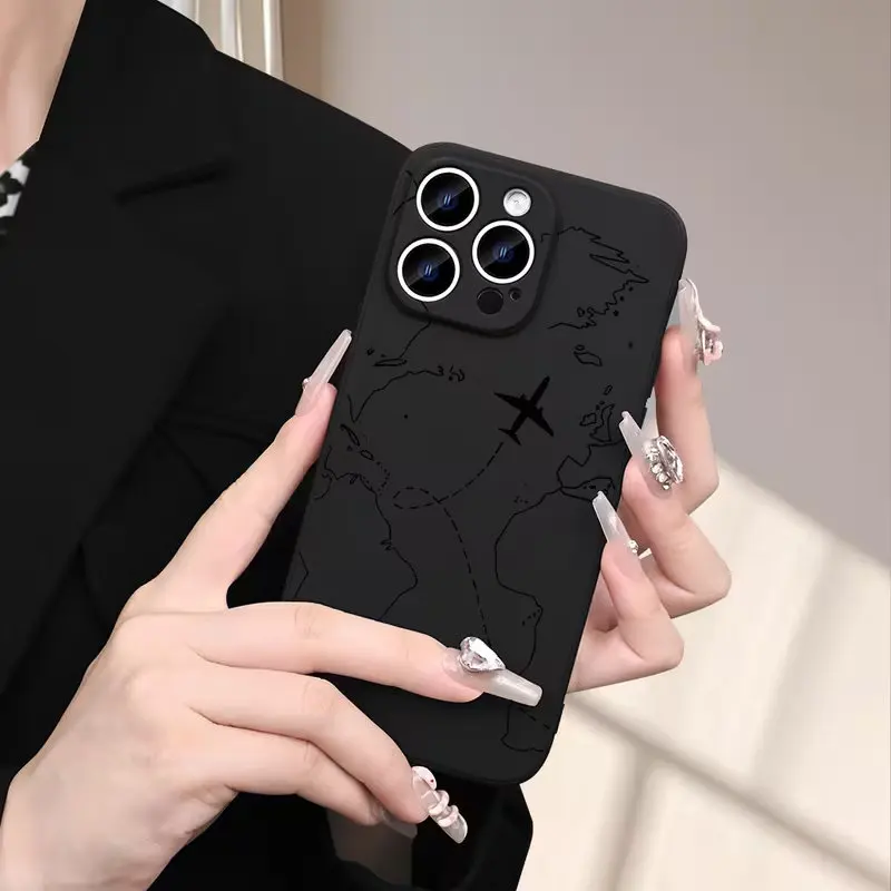 Simple Black World Map Flight Route Pattern Case For iPhone 18 17 16 15 14 13 12 11 Pro XS Max Mini Plus XR Air 16e 17e Cover