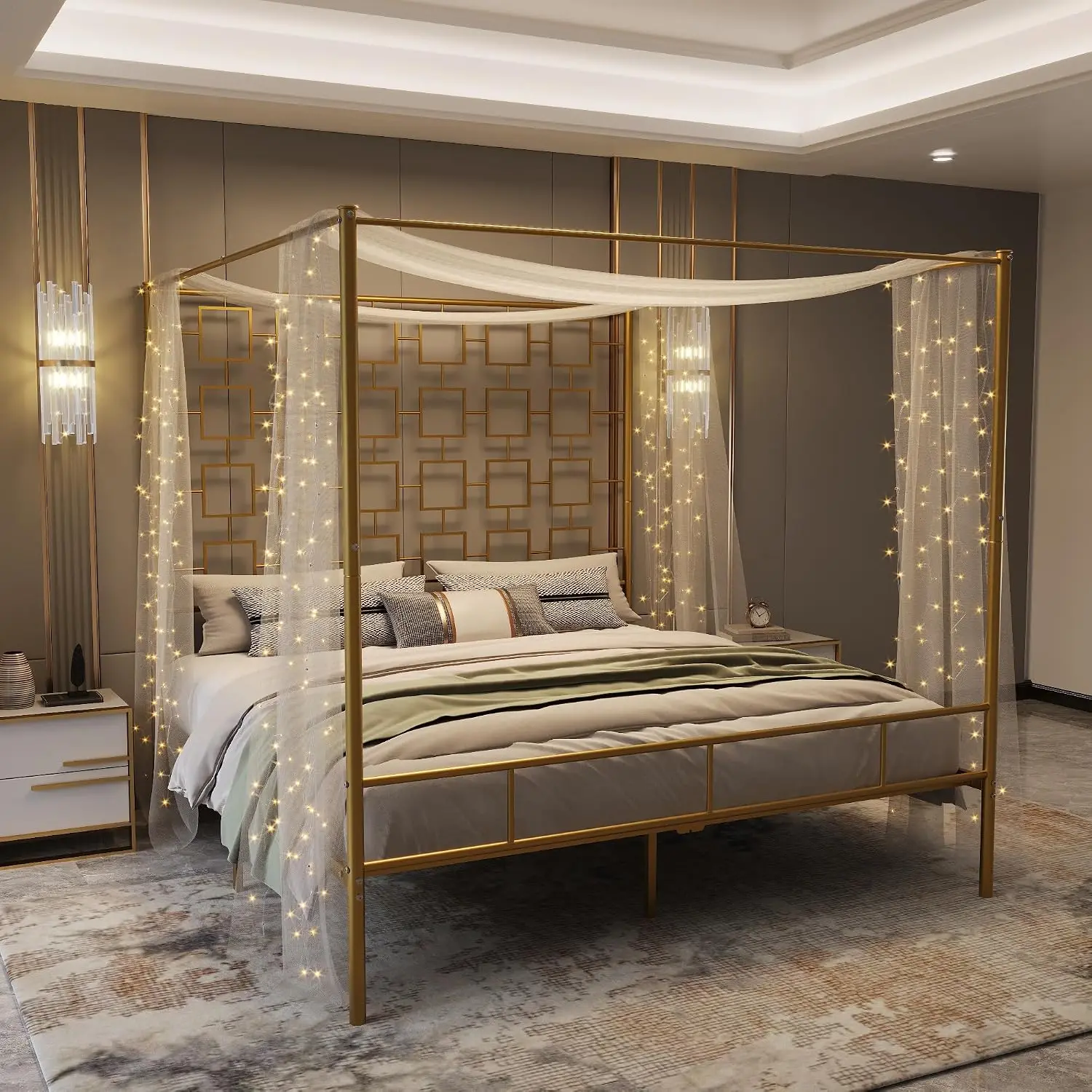 King Canopy Bed Frame Metal Slat Platform No Box Spring Noise Free Easy Assembly Gold, Customized