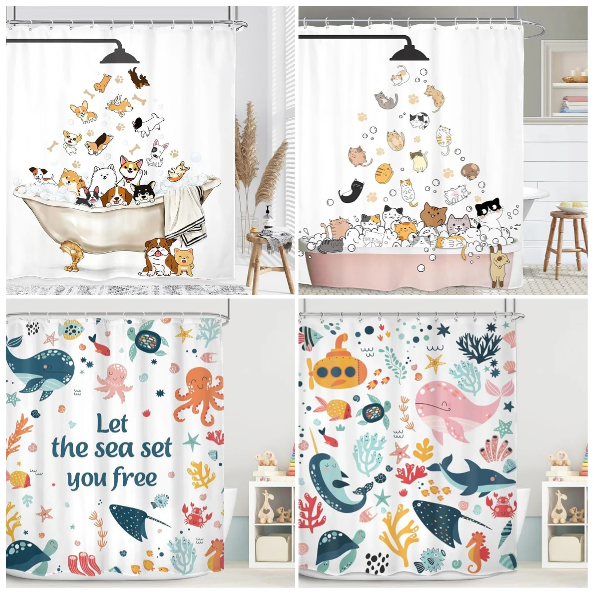 

Забавные шторы для душа с изображением кота и собаки, дельфин, осьминог, морская черепаха, морская звезда, океанские животные, занавеска для ванной, детский декор для ванной комнаты