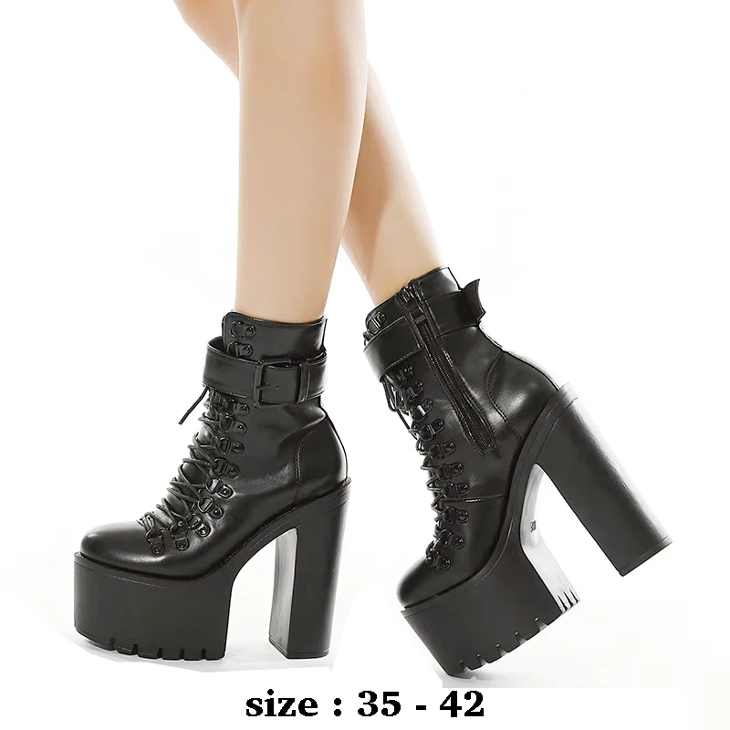 

High quality short ankle leather boots for women 13.5cm high heel lace up buckle new 2025 autumn winter 35 43 fashion shoe black