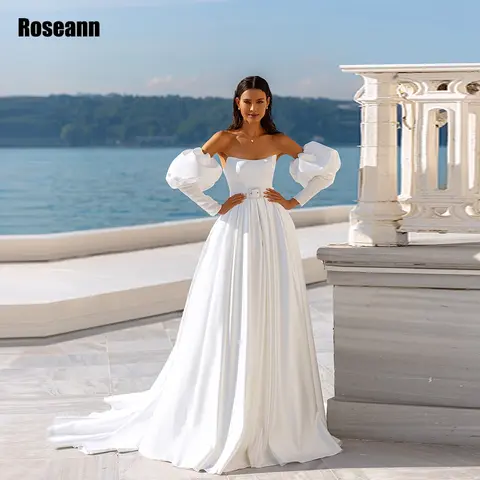 Customized High Quality Satin Wedding Dresses 2026 Princess Strapless Long Sleeves Bridal Gowns Lace Up A Line robe de mariée