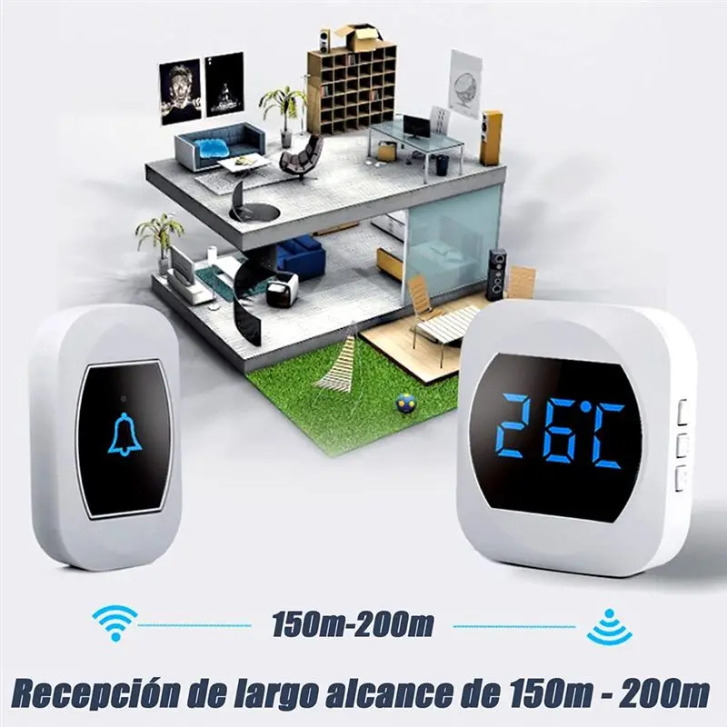 ABJY sonnette sans fil avec récepteur enfichable et transmetteur de bouton + thermomètre d'ambiance avec affichage de la température prise américaine
