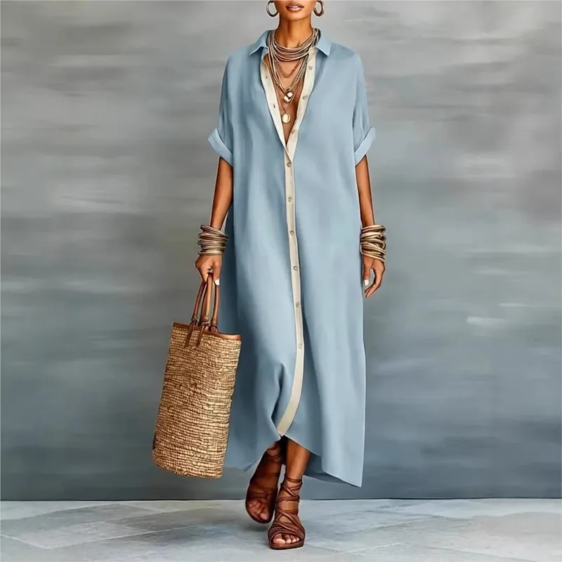 

Casual Vacation Summer Shirt Dresses 2026 Women's Turn-down Collar Buttons Short Sleeve Patchwork Solid color Loose Maxi Dress
