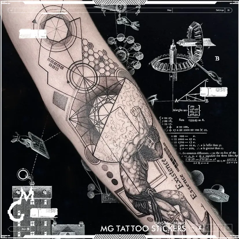 European and American Lines Geometric Figures Personality Realism Big Picture Flower Arm Tattoo Stickers Men Women Waterproof