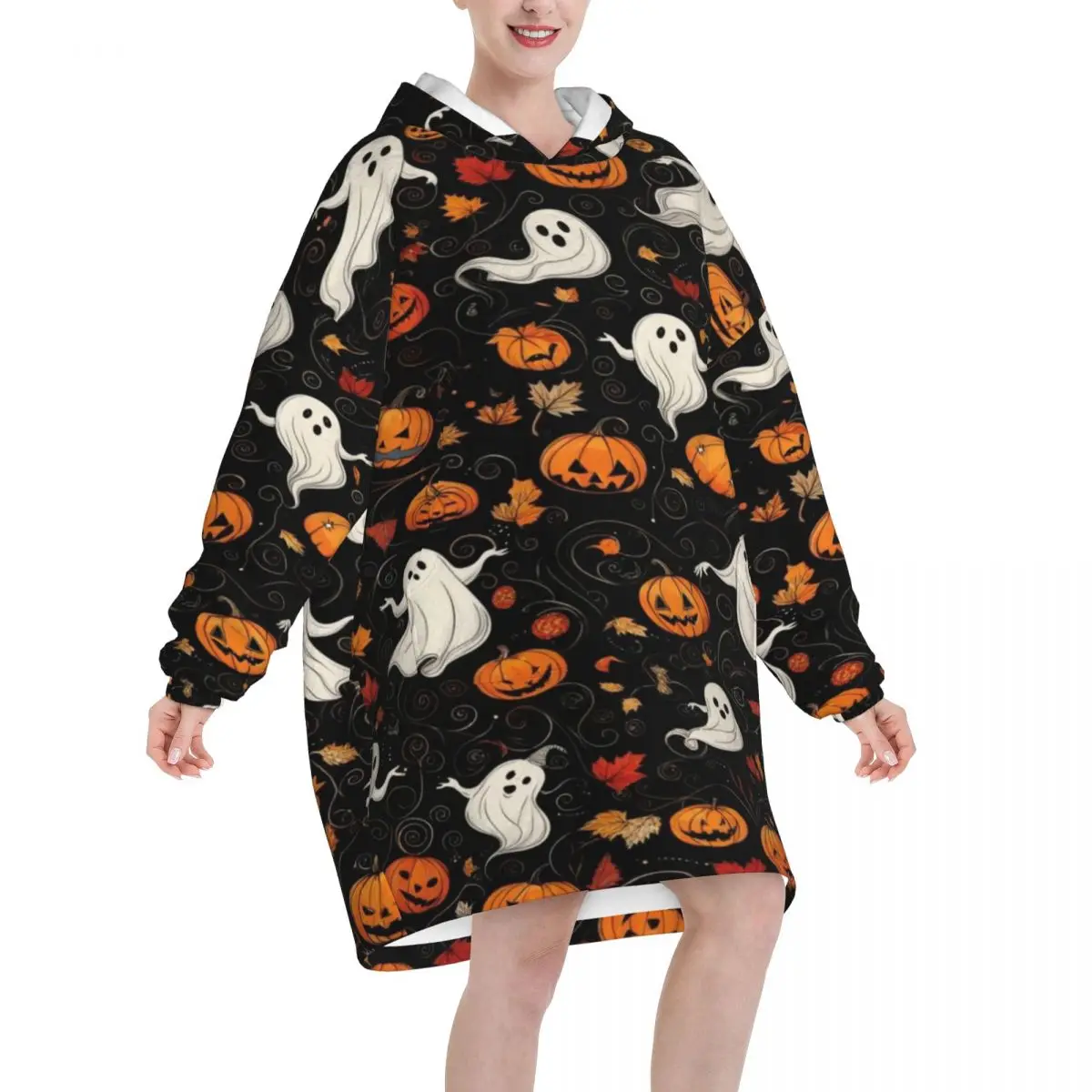 Halloween Ghost Pumpkin Spooky Trick Or Treat Witch Wearable Blanket Hoodie for Women Men Oversized Sweatshirt Blanket
