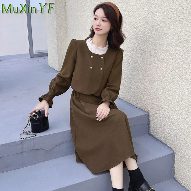 

Korean Women's Graceful Fake Two Piece Dress Spring Autumn Long Sleeve Ruffle Collar Midi Dresses 2023 New Daily Fashion Clothes