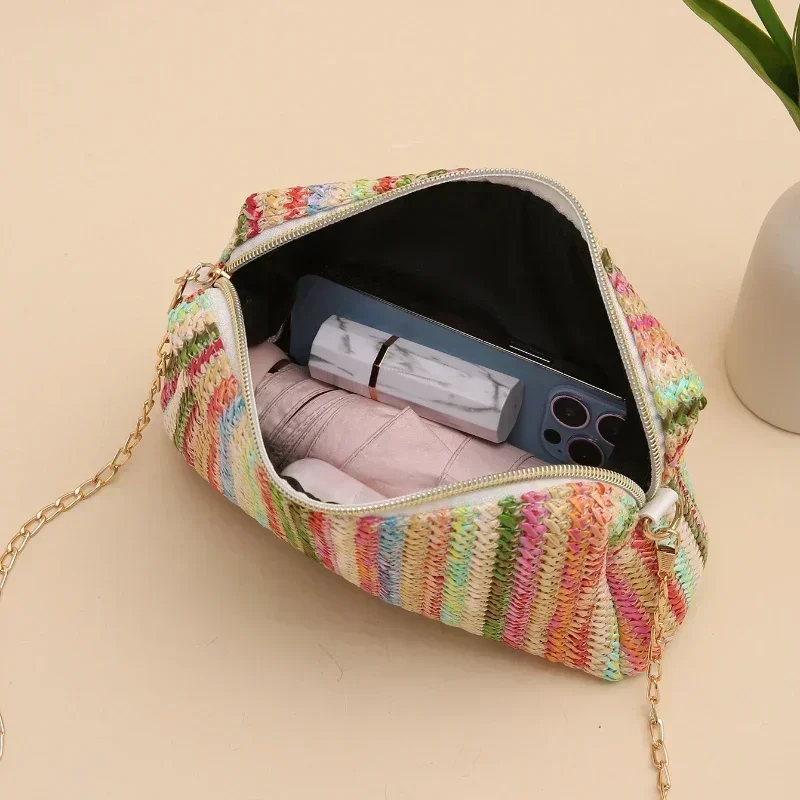 Rattan Knitting Women Straw Bag Beach Summer Female Shoulder Crossbody Bags Travel Design Flap Bag Chain Small Purse and Handbag