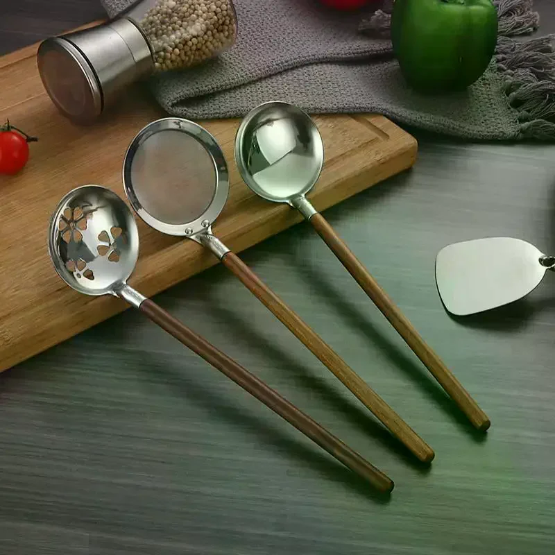 Walnut Handle Kitchen Tool 304 Stainless Steel Spatula Spoon Oil Filter Colander Kit Gadgets Anti-Scalding Cookware For Service