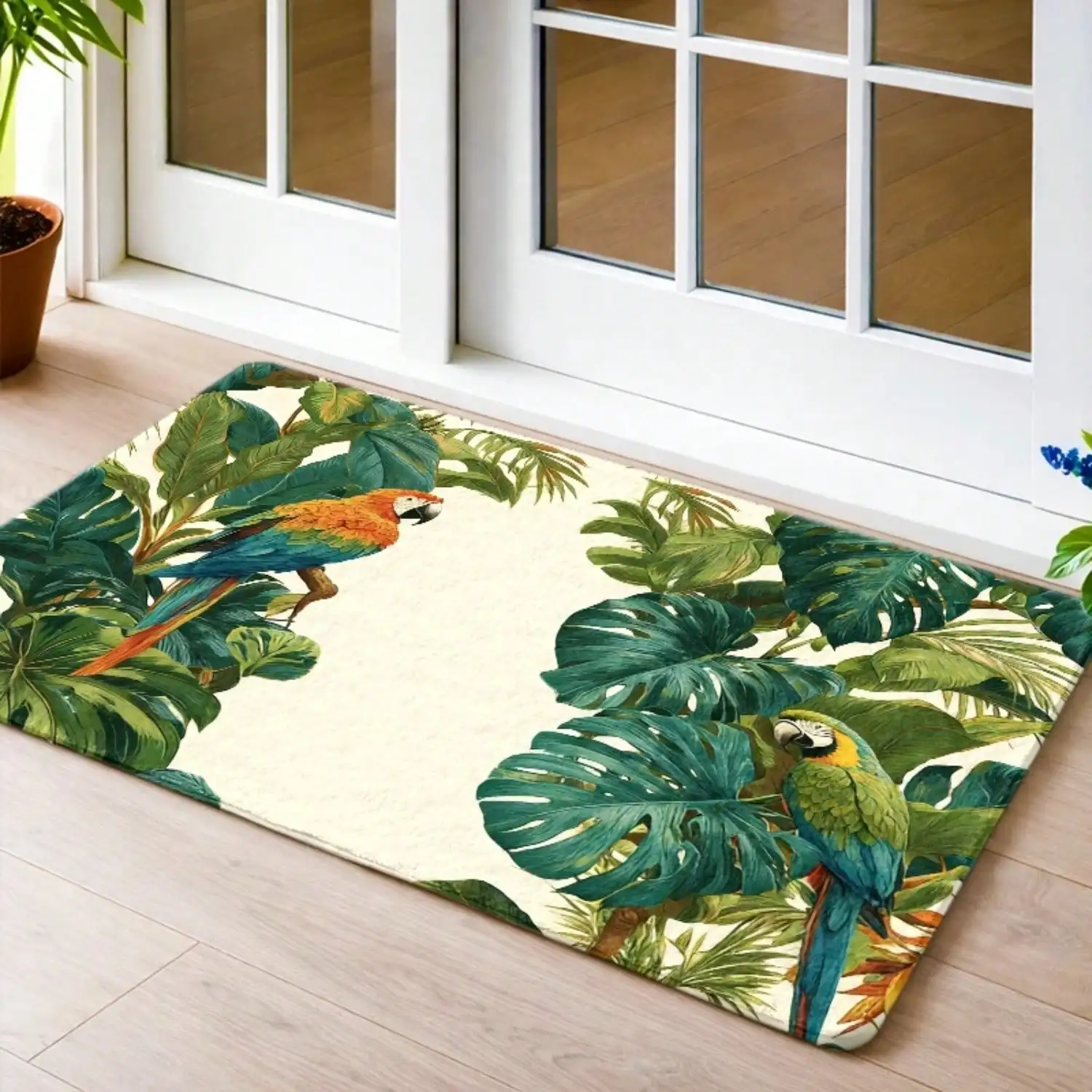 1pc Tropical Parrot Green Plant Flannel Floor Mat | Non-Slip Rubber Bottom, Durable, Machine-Washable, Universal For Bedroom, Living Room, Office, Bathroom