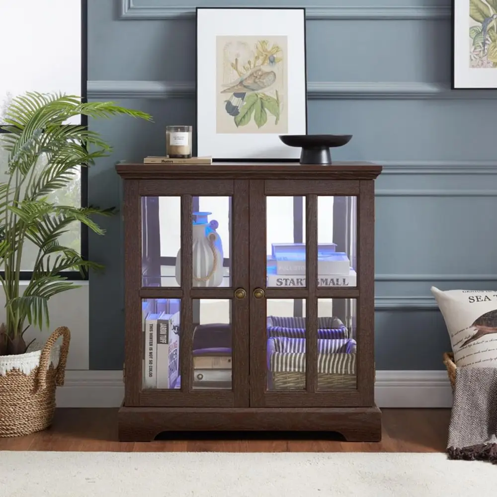 32 High LED-Lit Curio Cabinet with 7 Color Options, Tempered Glass Display for Collectibles, Vintage-Inspired Showcase in Cherry view 3
