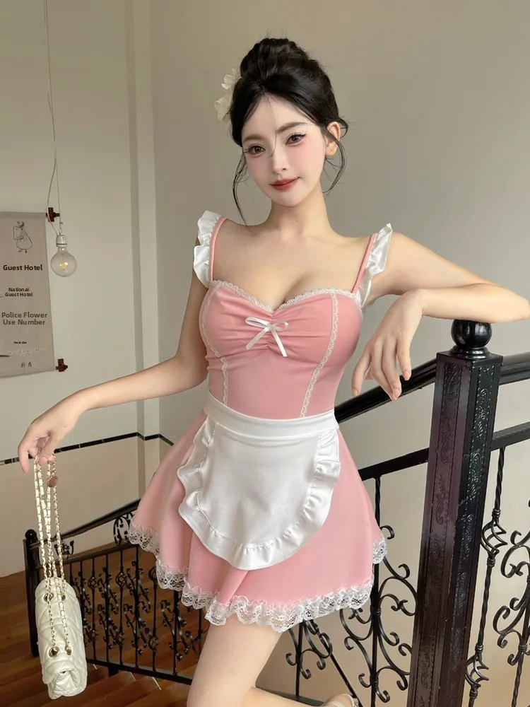 French Style Sweet Girl Maid Uniform Two-Piece Set Backless Square Collar Contrast Color Short Sleeve Casual Summer Dress