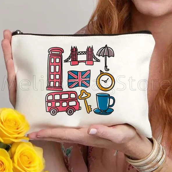 London England Bridge Bus Cute Tourist Gifts Canvas Cosmetic Makeup Toilet Bags Storage Pencil Case Zipper Cotton Pouch Purse