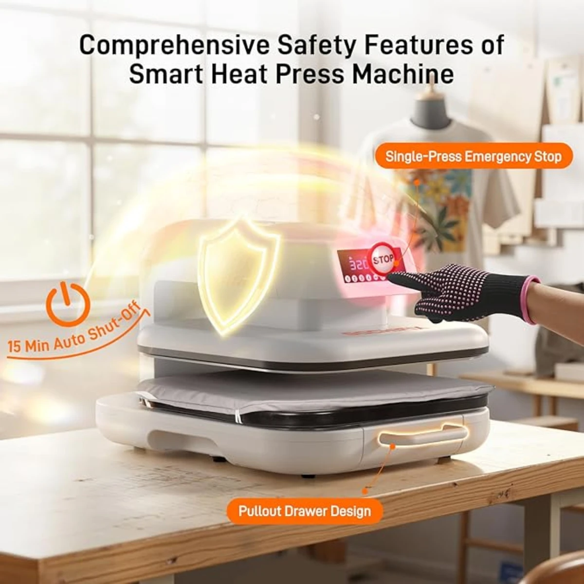 티셔츠용 열 프레스 기계 15"x15" 자동 셔츠 프레스 기계, 4가지 메모리 모드, 15분 자동 차단, 빠르고 균일한 열 프레스 장치