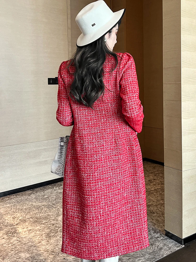 Chaqueta Midi de Tweed rojo elegante para mujer, abrigo ajustado de manga larga con cuello redondo y botonadura única, ropa de oficina y fiesta de