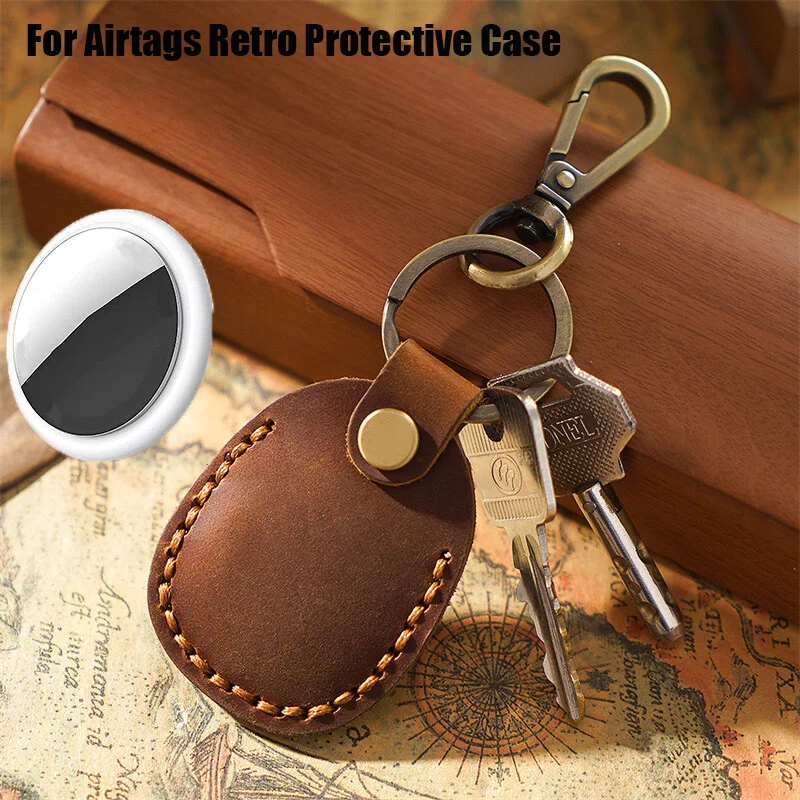 For Airtags Protective Case Retro with Keychain Portable Handmade Leather For Apple Anti-lost Tracker Locator Device Accessories