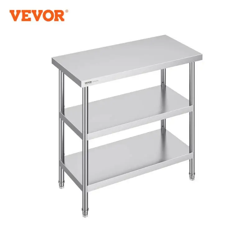 VEVOR Stainless Steel Food Prep Table Commercial Kitchen Worktable with 2 Adjustable Undershelf for BBQ Kitchen Home and Garage