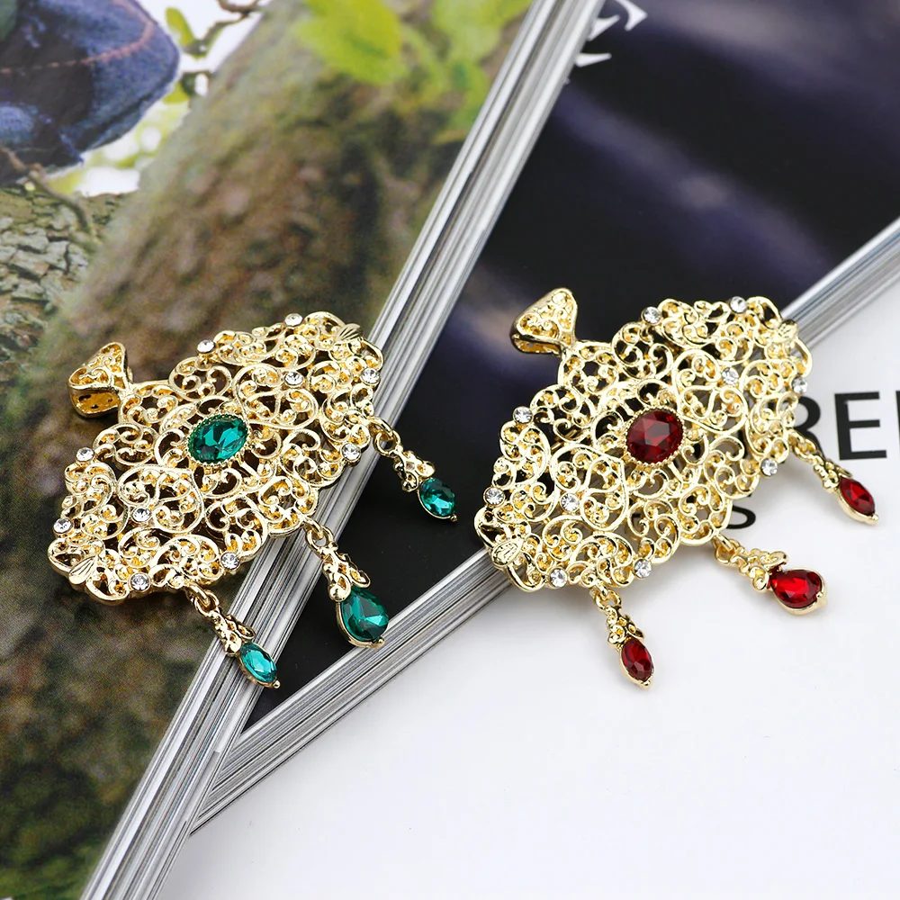 Sunspicems Gold color Morocco Brooch for Women Algeria Caftan Robe Tassels Brooch Arabesque Pins Ethnic Muslim Wedding Jewelry