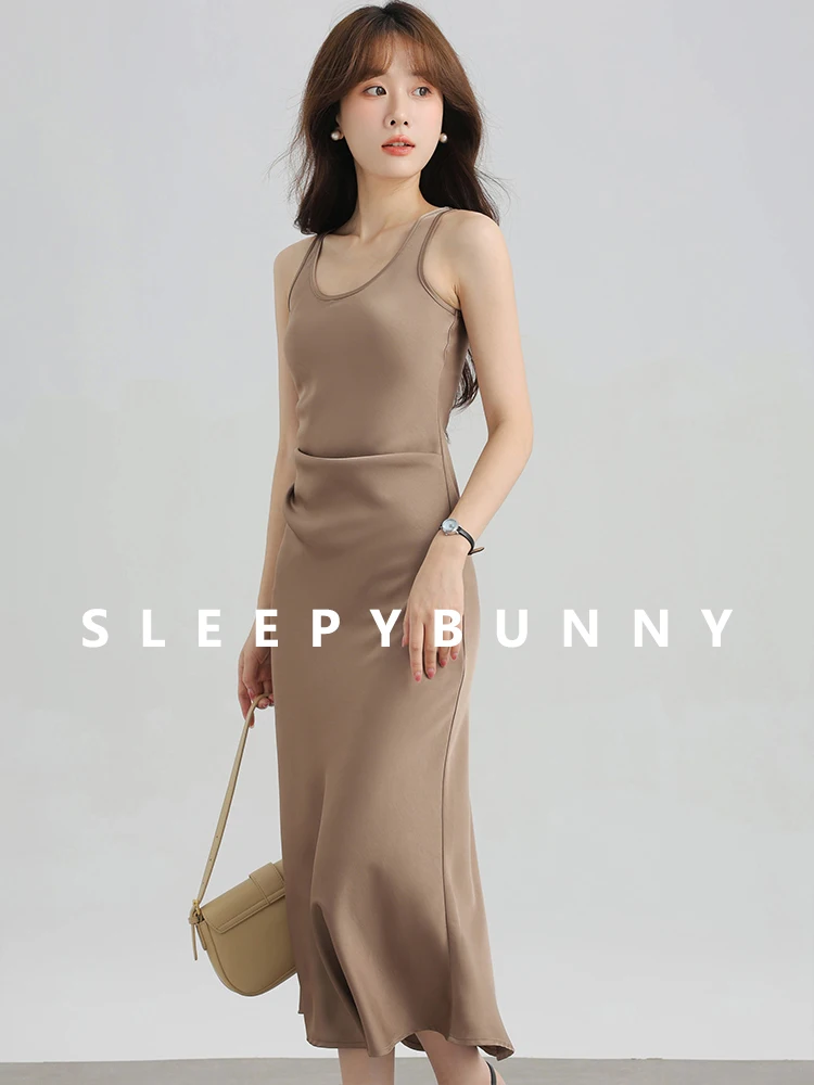 Summer Matte U-Neck Sleeveless Dress Women Waist-Cinching Slimming High-Low Flowy Long Dress Petite Figures Elegant Casual Dress