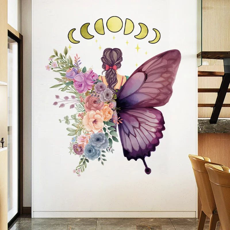 Butterfly Girl Flower Sticker Living Room Bedroom Wall Corridor Porch Background Decoration Self-adhesive Sticker Waterproof