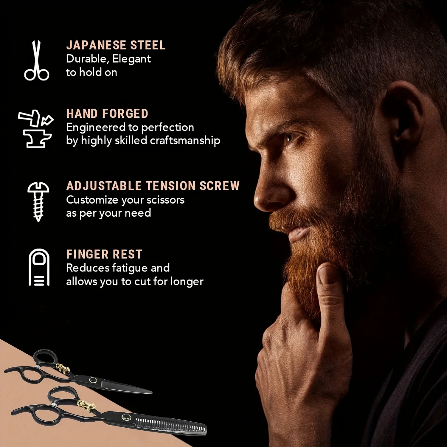 Professional Hair Scissors - Black Painted Small Golden Tiger Bearing Screws, Sharp Cutting and Thinning Scissors
