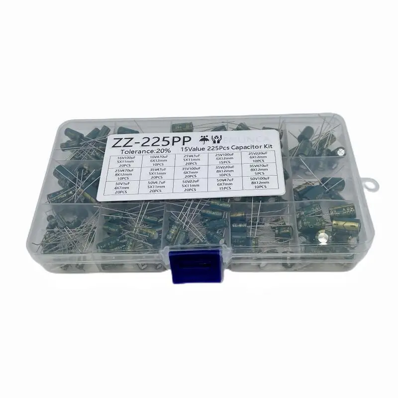 225Pcs/Box Capacitor Kit Aluminum Electrolytic Capacitors Set 15Values 16V-50V 1uF-470uF Assorted Kit Storage Low ESR