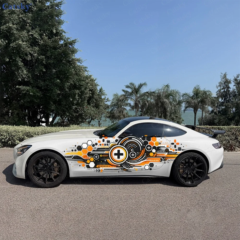 2Pcs Orange Abstract Brush Streaks Car Body Side Stickers, Automotive Door Side Graphics for Cars, Car Decoration Accessory