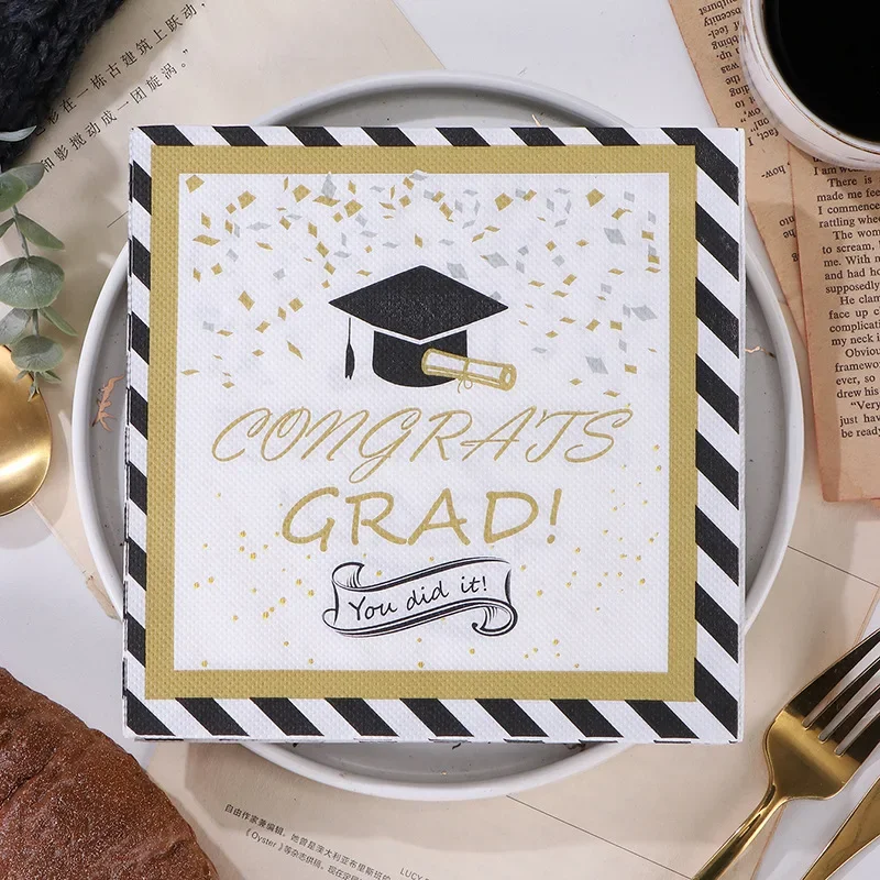 Graduation Party Decoration Square Napkins Doctor's Hat Black Gold Patterned Napkins Paper Placemats 2-Ply 20pcs/Pac 33*33cm