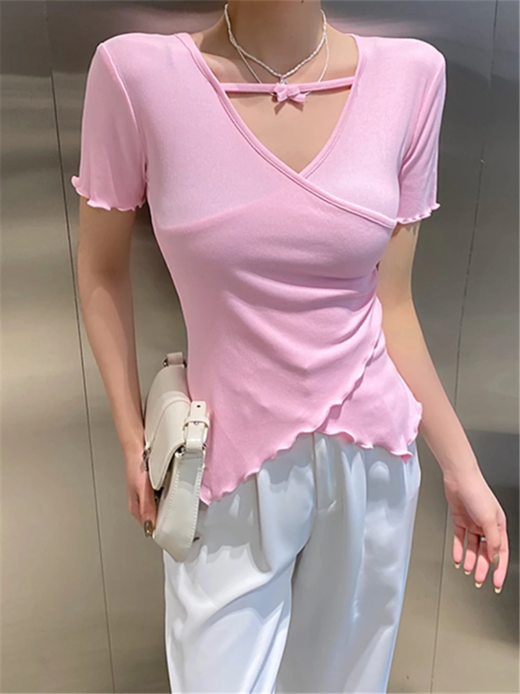 

Summer Slim Front Split Women's T-Shirts 2022 New Cross V-Neck Irregular Short Sleeve Bottoming Casual Shirts Sexy Tops Female
