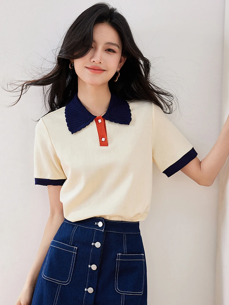 2024 Korean Summer New T-shirt Women Contrast Color Lapel T-shirt Casual Slim Top Fashion Pullover Tee Shirts