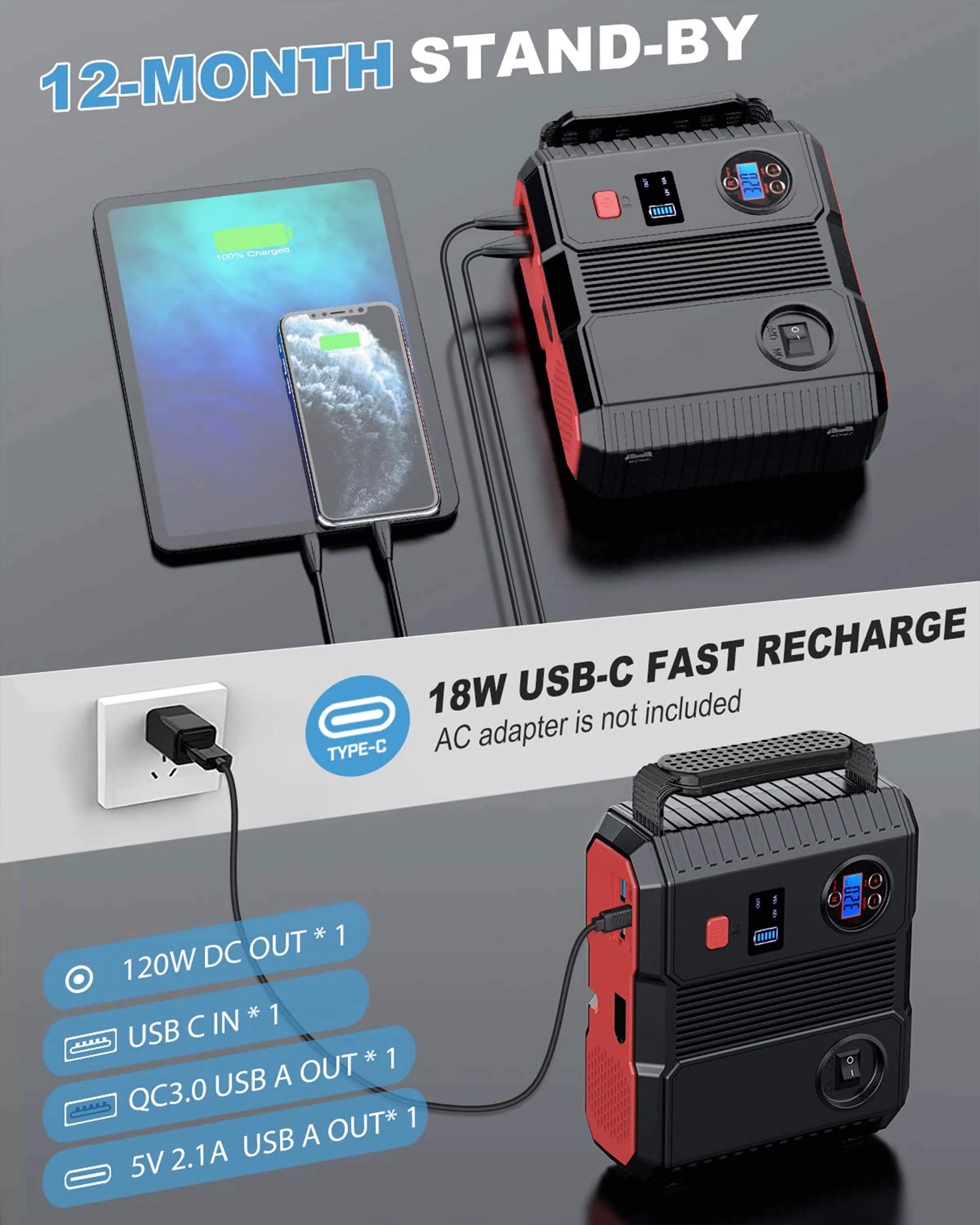 2024 Tragbare Power Bank 24000 mAh Multifunktionale Auto Starthilfe Luft Kompressor 3000 A LCD Display LED Notfall Tool Kit