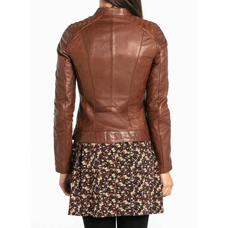 Western Women's Brown Genuine Lambskin Real Leather Jacket Motorcycle Coat