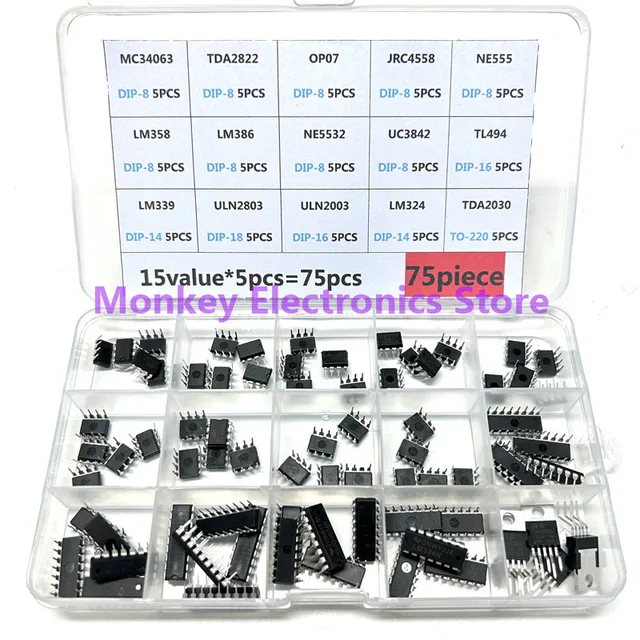 75szt Zestaw układów scalonych IC DIP Box LM358 LM386 ULN2003 LM324 NE555 MC34063 TL494 ULN2803 LM324 TDA2030 LM339 ULN2803 TDA782