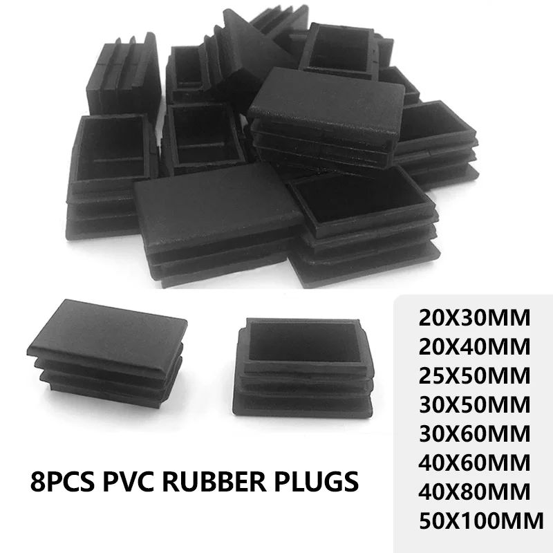 8Pcs Rectangular Rubber Tube Plug PVC Black Suitable for Water Steel Pipes Home Furniture Table Chair