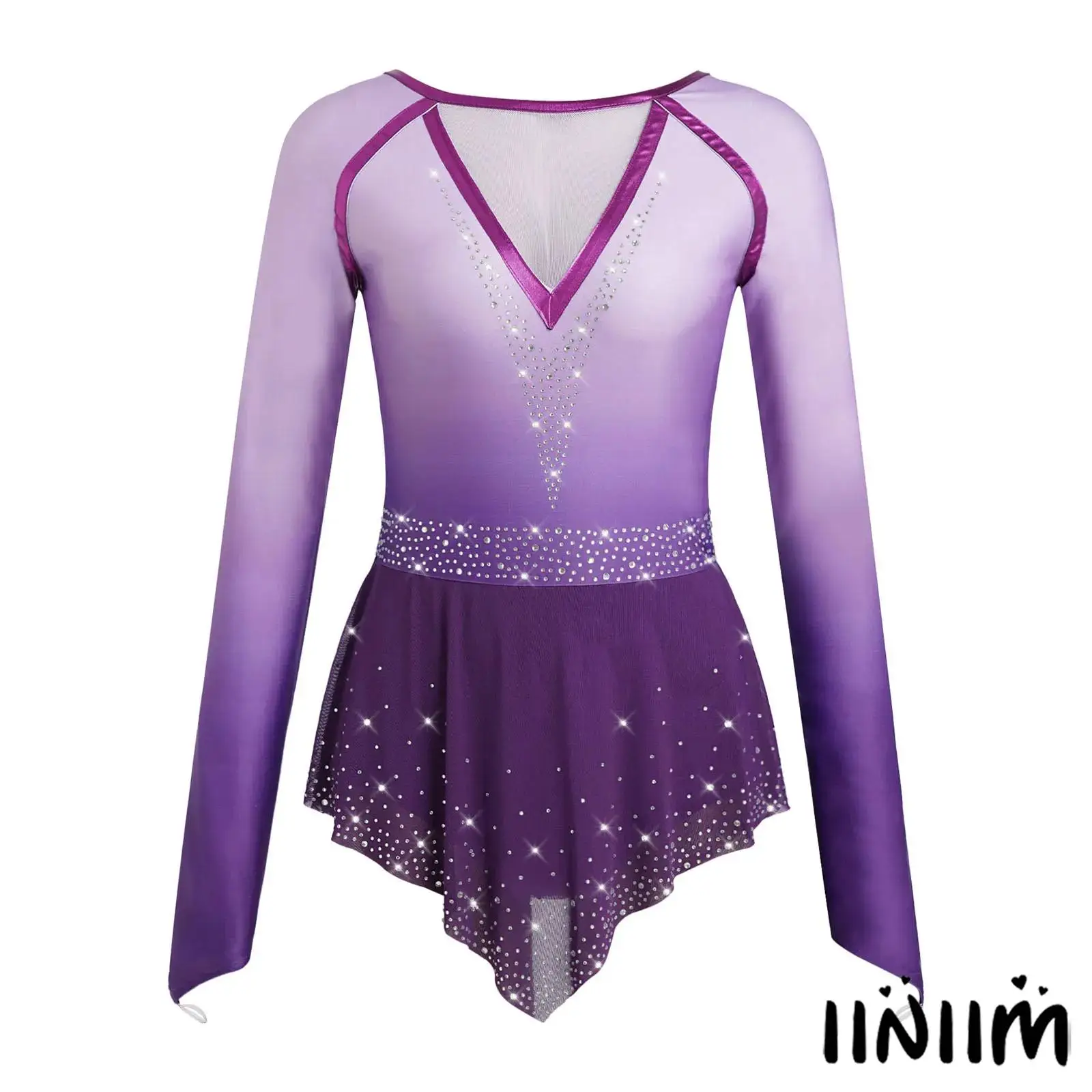 

Figure Skating Performance Jumpsuit for Women Gradient Rhinestone Design V Backless Long Sleeve Skirt Leotard Ballet Bodysuit