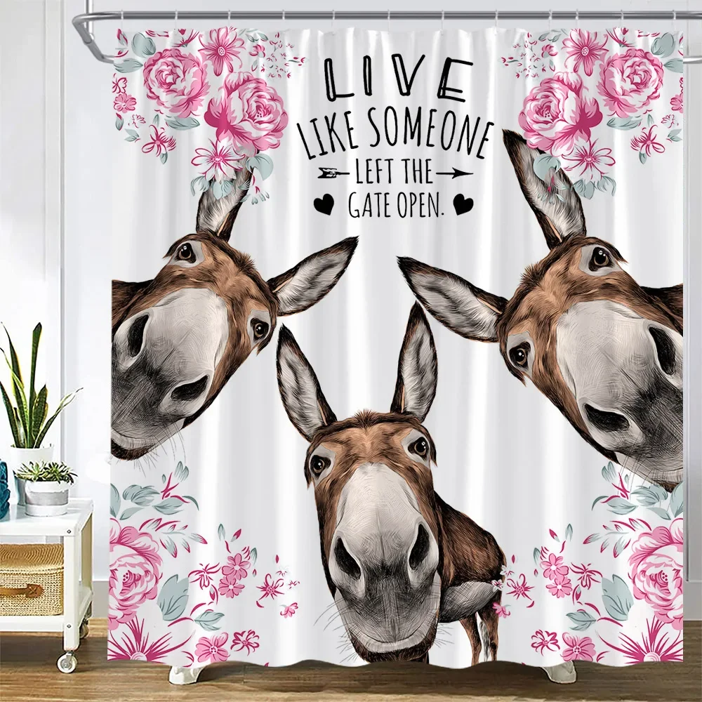 Funny Farm Animal Shower Curtain Butterfly Flowers Sunflower Rose Plant Inspirational Quotes Donkey Bath Curtains Bathroom Decor