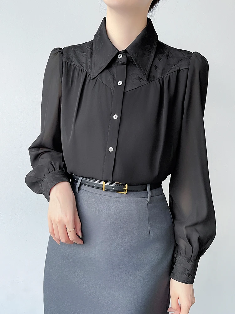 

Korean Sle Long Sve Bla Chiffon irt Women's Career Interview k Pattern Embroidery Top Breathable Comfortable Poly...