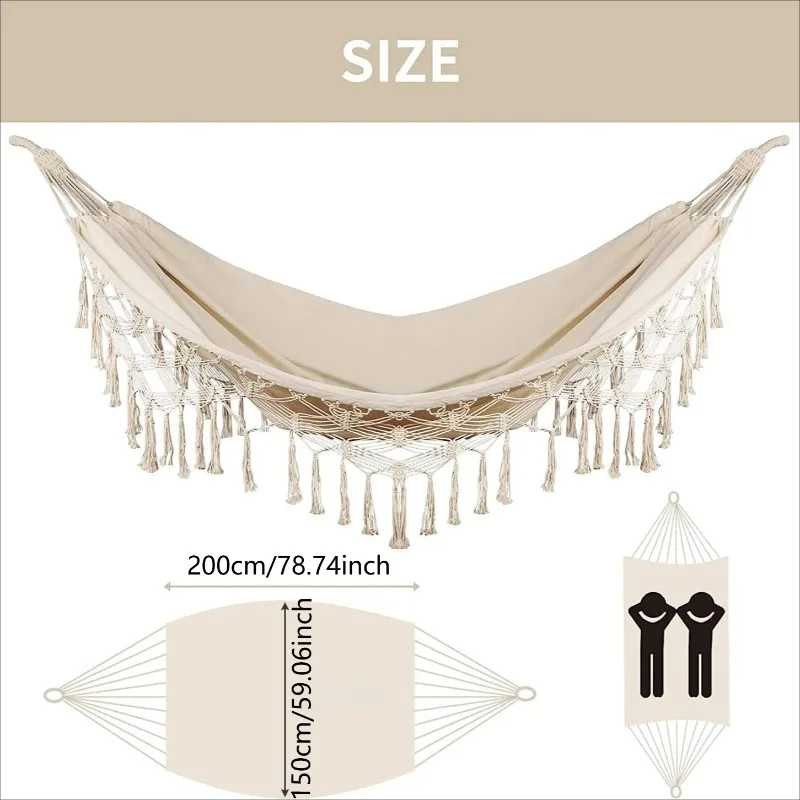 Double Hammock, Tassels and Fishtail Knitting with Mounting Straps for Outdoor Camping Patio Balcony, Outdoor Bohemian Hammocks