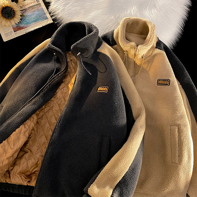 

Lamb Fur Jaet Men's American Retro Trendy Cotton Coat 2024 New Winter Thiened Cotton Clothes Lamb Velvet Cotton Coat