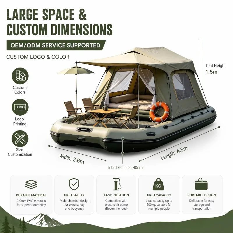 Professional Inflatable Fishing Boat Retractable Canopy UV Protection Drop Stitch Floor Motorized Boat Drifting Camping 2-6