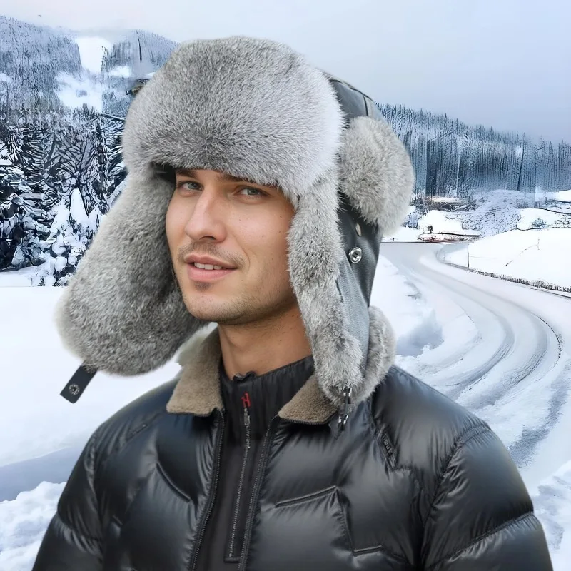 

Winter Hat Warm Mens Trapper Cap Aviator Trooper Fur Earflap Hat men Flaps Ski Hat Bomber Hats Russian Ski Hat Rabbit Fur Hats