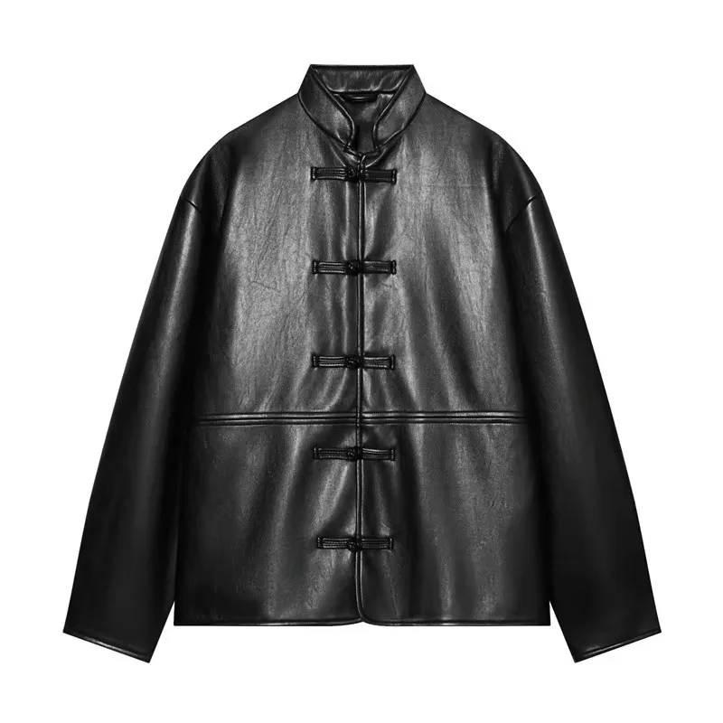 Guobioziy Women's Faux Leather Parka  Fall Winter Black Long Sleeve Loose Casual Jacket Minimalist Style Unique