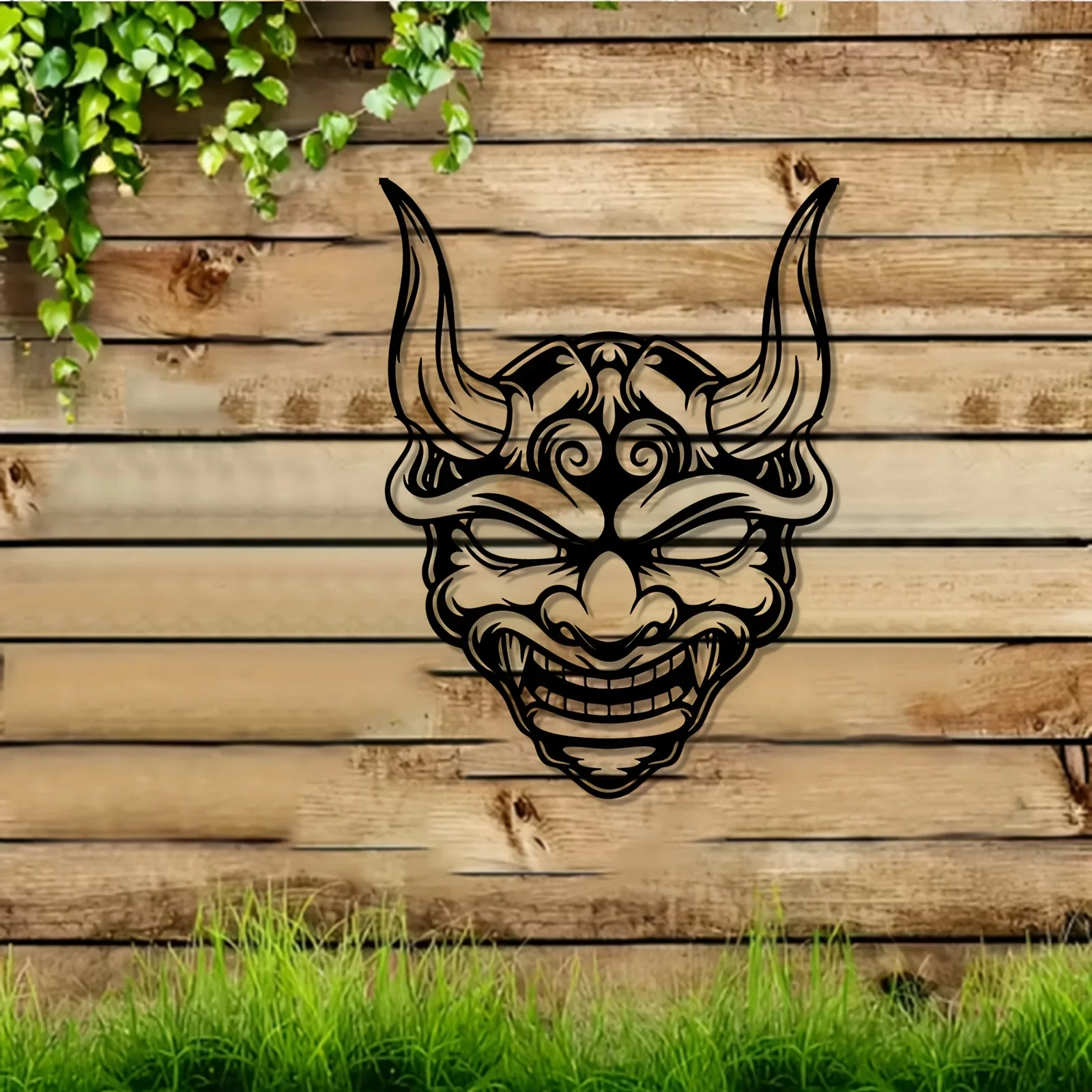 BrandName Wrought Iron Wall Art Japanese Oni Mask Rustproof Indoor Outdoor Garden Fence Hanging Decor Metal Ornament